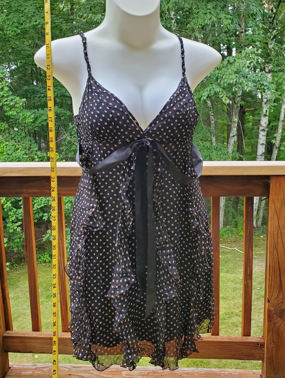 Polka Dot Satin-Trim Chemise Nightdress - Black/Beige
